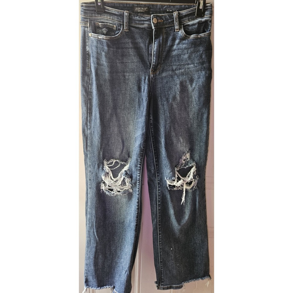 Judy Blue Straight Fit Jeans Womens 11/30 Distressed Raw Hem Stretch Denim